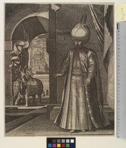 Portræt af Sultan Suleiman den Storslåede (stående) af Melchior Lorck