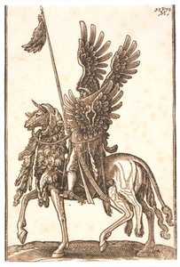 Rigt udstyret ridesoldat med ørnevinger på skjold, hjelm og lanse. Den forreste del af hans hest er dækket af en løveskind af Melchior Lorck