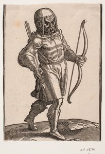 Soldat, gående mod h.; støvler og knækort dragt; i v. hånd en bue, i h. hånd en pil af Melchior Lorck