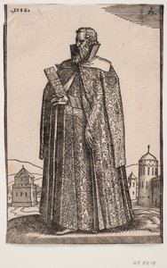 Stående ambassadør i europæisk (venetiansk?) dragt, 3/4 profil mod v.; i h. hånd holder han et brevfutteral af Melchior Lorck