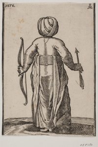 Stående bueskytte, set bagfra; i v. hånd en bue, i h. hånd en pil af Melchior Lorck