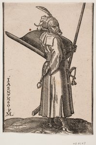 Stående soldat (akinci), profil mod h.; i h. hånd en stridskølle, i v. hånd en lanse, hvis top er uden for øvre indramningslinje; på v. arm et skjold med indersiden vendt opad, ved v. side et sværd af Melchior Lorck