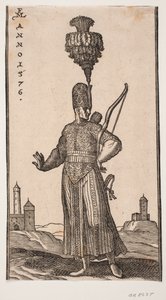 Stående soldat, frontalt set, hovedet vendt mod h.; han bærer bue over sin v. arm, pilekogger på ryggen og sværd ved sin v. side; han strækker koket sin h. arm bagud; i baggr. t.h. og t.v. to fæstningslignende bygninger af Melchior Lorck
