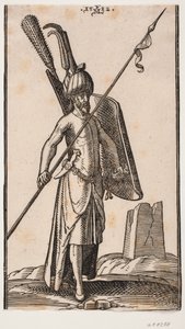 Stående soldat med krumt skjold i v. hånd og i h. hånd et spyd, der holdes skråt; sværd ved hans v. side, en dolk stukket i bæltet ved hans v. side; i baggrunden t.h. ruinen af en obelisk eller et tårn med kvadratisk grundplan af Melchior Lorck