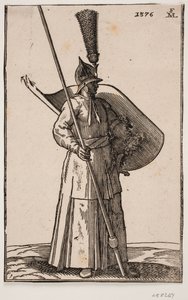 Stående soldat, vendt mod h.; på hovedet en spids hjelm med anselig fjerbusk; i h. hånd en lanse, hvis top er uden for øvre indramningslinje; på v. arm et skjold med indersiden vendt opad af Melchior Lorck