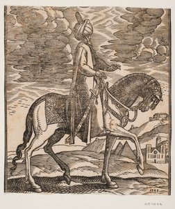 Turban-klædt rytter, med et sværd på højre side, profil mod højre; mellem hestens forben kommer to pyramider til syne af Melchior Lorck