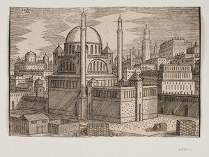 Uidentificeret moské med 2 minareter, set fra nordøst; i forgrunden byggeplads med stablede byggesten af Melchior Lorck