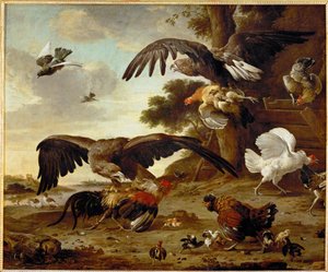 Ørne angriber kyllinger ... af Melchior de (manner of) Hondecoeter