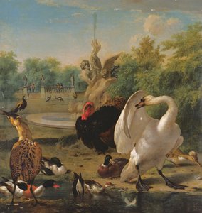 En park med svane og andre fugle (olie på lærred) af Melchior de Hondecoeter