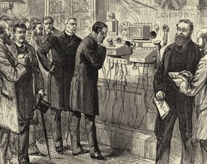 Åbning af den anglo-engelske telefonlinje. Den første telefonsamtale mellem London og Paris på General Post Office i London. Bell-instrumenter blev brugt i London-enden. Træsnit Paris 28. marts 1891. Gravering. af Melton (after) Prior