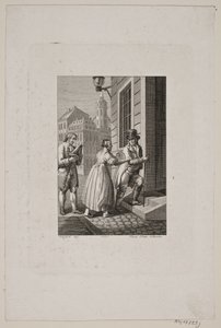 Illustration med kone der standser en herre ved en port mens en tjener ser til af Meno Haas