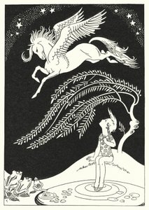 Nedad kom Pegasus, i brede fejende cirkler (farve litho)