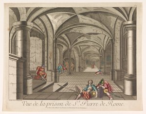 Udsigt over det indre af Mamertine-fængslet i Rom Vue de la prison de St. Pierre de Rome (titel på objektet) af Mesard