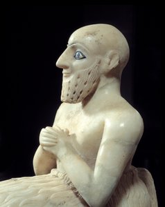 Art Mesopotamia: Statue af intendant Ebih-il. Skulptur af albaster, skal, lapis-lazuli og skifer, omkring 2500 f.Kr. (sumerisk periode, omkring 2900-2200 f.Kr.). Fra Mari. Højde: 0,525 m. Paris, Louvre-museet af Mesopotamian