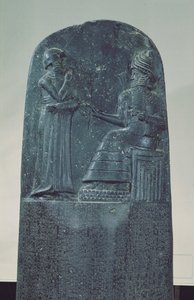 Relieffigur af solguden Shamash, der dikterer sine love til kong Hammurabi på hans berømte lovkodeks, gammel babylonsk periode, 1760 f.Kr. (basalt) af Mesopotamian