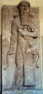 Mesopotamien: "" Statue af Sargon, der mestrer en løve""" sagde "" Gilgamesh"" Court Khorsabad (Khunsabad) 8. århundrede. Paris, Louvre-museet