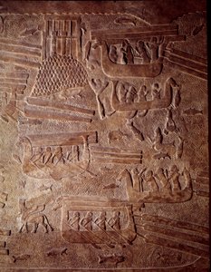 Mesopotamien: maritim scene, der repræsenterer transporten af træ til Libanon. Detalje af en lavrelief albaster fra Khorsabad (Khunsabad). Regne af Sargon II. 710 f.Kr. Paris, Louvre-museet af Mesopotamian Mesopotamian
