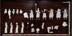 Mesopotamien: mosaikelementer af Maris banner i bitumen, skal og sten. 3500 f.Kr. ca. Fra Ishtar af Maris tempel. Søn 0,53x0,72 m Paris, museum du Louvre af Mesopotamian Mesopotamian