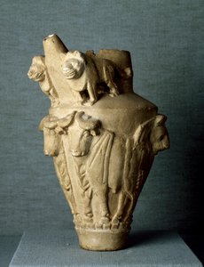 Mesopotamisk kunst: rituel kalkstensvase med tyre og løver. Sol. h. 30,2 cm Fra stedet for Uruk (eller Uruk), Irak. Bagdad, Arkæologisk Museum af Mesopotamian Mesopotamian