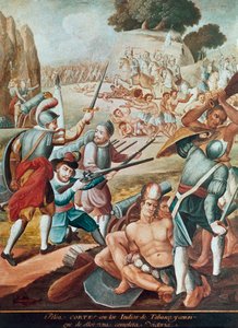 Erobring af Mexico: kamp mod Hernando Cortes (Hernan Cortez) (1485-1547) til indianerne i Tabasco i 1519"" Maleri af den mexicanske skole