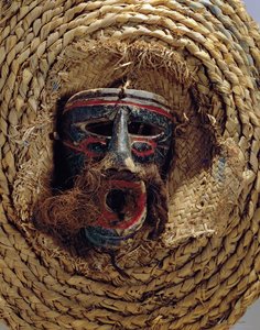 Kostume maske til fejringen af den mexicanske årlige festival Guelaguetza (træ og flettet halm)