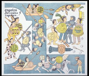 Sidste kamp mellem Hernando Cortes (1485-1547) og Cuauhtemoc ved Tenochtitlan, august 1521, illustration fra en faksimile af en mexicansk indisk billedhistorie Lienzo de Tlaxcala fra ca. 1550, 1892 (colo af Mexican School