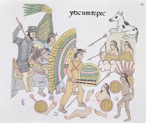 Hernando Cortes (1485-1547), under belejring ved Tenochtitlan, beslutter at forlade byen, illustration fra en faksimile af en mexicansk indisk billedhistorie Lienzo de Tlaxcala fra ca. 1550, 1892 (farve litho af Mexican School