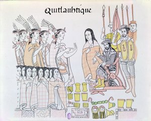 La Malinche (Dona Marina) som tolk under præsentationen af kvinder og guld af Montezuma (1466-1520) til Hernando Cortes (1485-1547) illustration fra en faksimile af et mexicansk indisk billede