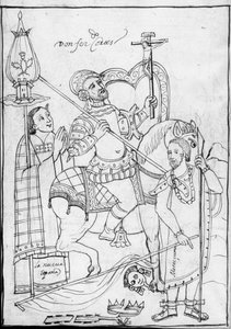 MS Hunter 242 f.246v, Cortes til hest, stående over den besejrede aztekerkonge Moctezuma, illustration fra Historia de Tlaxcala af Diego Munoz Camargo af Mexican School