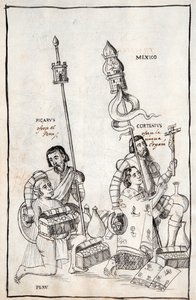 MS Hunter 242 f.248v Picarus (Pizarro) præsenterer Peru og Cortesius (Cortes) Nueva Espana, illustration fra Historia de Tlaxcala af Diego Munoz Camargo af Mexican School