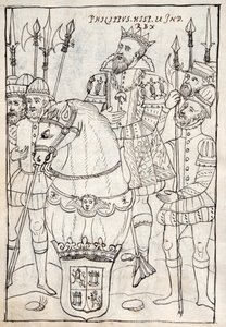 MS Hunter 242 f.249v Philip II siddende på hesteryg, iført orden af det gyldne skind, omgivet af stridende mænd, illustration fra Historia de Tlaxcala af Diego Munoz Camargo (pen & blæk