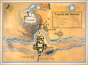 Kort over Alamo-området i San Antonio baseret på Santa Annas originale slagmarkskort