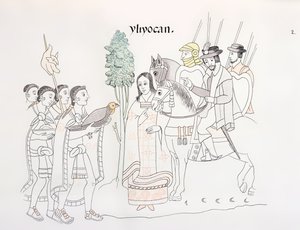 Møde mellem Hernando Cortes (1485-1547) og aztekerne, illustration fra en faksimile af en mexicansk indisk billedhistorie Lienzo de Tlaxcala fra ca. 1550, 1892 af Mexican School