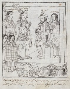 Montezuma møder Cortez Ms Hunter 242 f.255r Conquest of Mexico, fra Historia de Tlaxcala af Diego Munoz Camargo