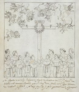 Ms Hunter 242 f.239v Opførelsen af det første kors, fra Historia de Tlaxcala af Diego Munoz Camargo af Mexican School