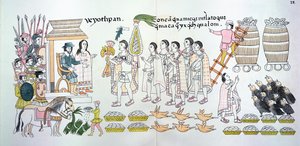 Tlaxcalan-høvdingen, Maxixcatzin, overrækker en buket roser og andre gaver til Hernando Cortes (1485-1547) som velkomsttegn, illustration fra en faksimile af en mexicansk indisk billedhistorie af Mexican School