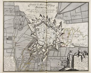 Grundplan af byen og fæstningen Bethune, som blev belejret af de højallierede fra 14. juli 1710. Iul. af de høje All¨yrten og erobret den 30. aug. Aug. med Accord erobret / Ingeniør Meyer ad vivum delineavit. af Meyer