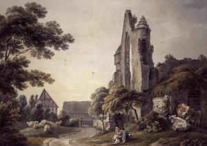 Et ødelagt kloster nær en bondegård (akvarel) af Michael Rooker