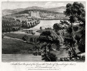 South East Prospect of his Grace the Duke of Queensberrys sæde i Drumlanrig, Skotland, 1775 af Michael Angelo Rooker