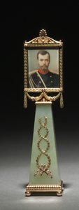 Indrammet miniature: Portræt af zar Nicholas II, firma af Peter Carl Fabergé (1846-1920), miniature malet af Johannes Zehngraf (1857-1908), før 1896 (guld, jade, rubiner, gouache, elfenben, glas) (se også 499673) & 499674)
