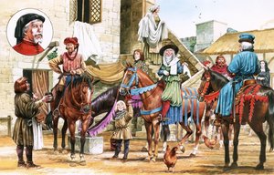 Canterbury-fortællinger. Pilgrimme tager af sted fra Tabard Inn.