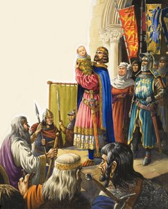 Kong Edward I (1239-1307) præsenterer sin lille søn (gouache på papir)