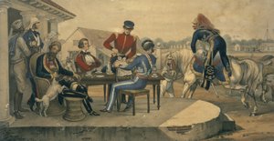 En kaffefest på en militærstation i Indien, ca. 1850 (farvet indgravering)
