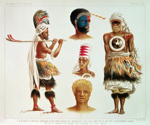 Forskellige dansekostumer båret i Nakello, Fiji, illustration fra 
