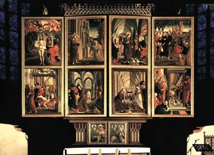 Wolfgang-alteret, lukkede indre skoddepar. 8 scener (maleri) af Michael Pacher