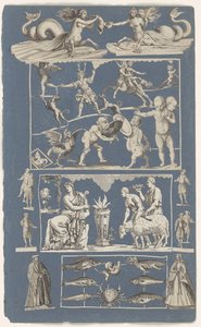 Collage af udklippede billeder klistret på et albumark af blåt papir naturens vidundere af Michael Snijders (attributed to)