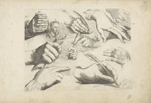 Tegneark med tegneeksempler: hænder og portræt af Hendrick Goltzius