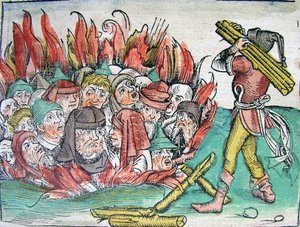 Afbrænding af jøderne i Deggendorf i 1338 fra Schedels Chronicle of the World, 1493.