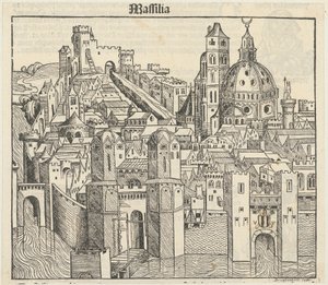 Phantasieansicht der Stadt Marseille [recto], drei Porträts (Phereades, Pythagoras und Sappho) [verso] af Michael Wolgemut