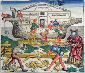 Bygningen af Noahs Ark, fra Nürnberg-krøniken af Hartmann Schedel, 1493 (farvetræsnit)